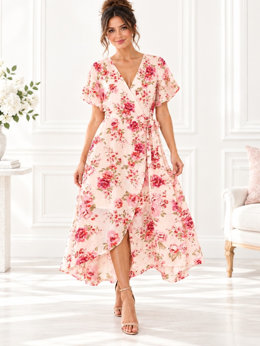 New Look Pink Floral High Low Wrap Maxi Dress Romantic Feminine | Size XL